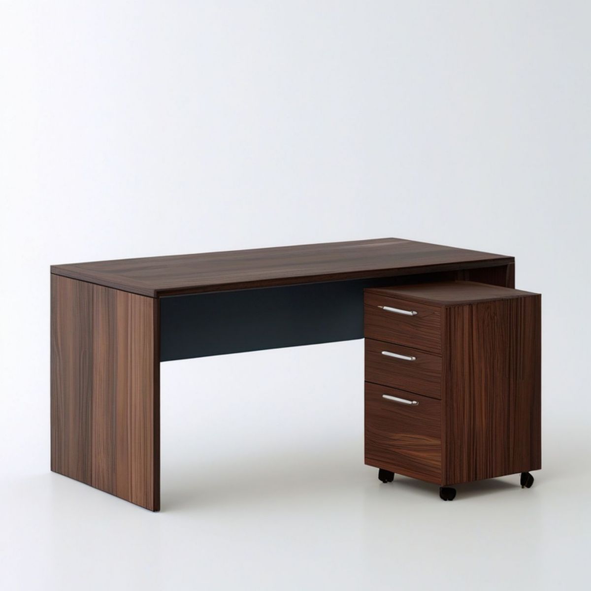 Schreibtisch mit Rollcontainer, 120 x 60 x 75 cm, Nussbaum/Schwarz/Silber