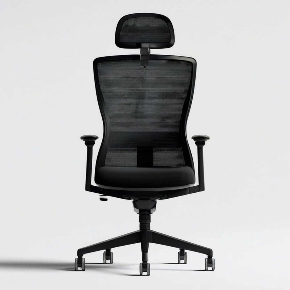 Ergonomischer Drehstuhl mit hoher Netzrückenlehne und Kopfstütze, Schwarz, 65 x 65 x 118–128 cm