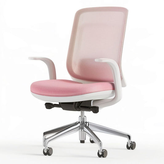 Bürodrehstuhl mit Armlehnen, Netzrücken und Rollen in Rosa, Weiss und Silber, 62 x 62 x 96–106 cm