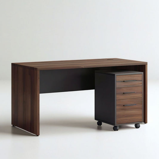 Schreibtisch mit Rollcontainer, 140 x 60 x 75 cm, Nussbaum/Dunkelbraun/Schwarz