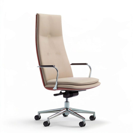Drehbarer Bürostuhl mit Armlehnen aus PU-Kunstleder in Beige, 65 x 65 x 112–122 cm