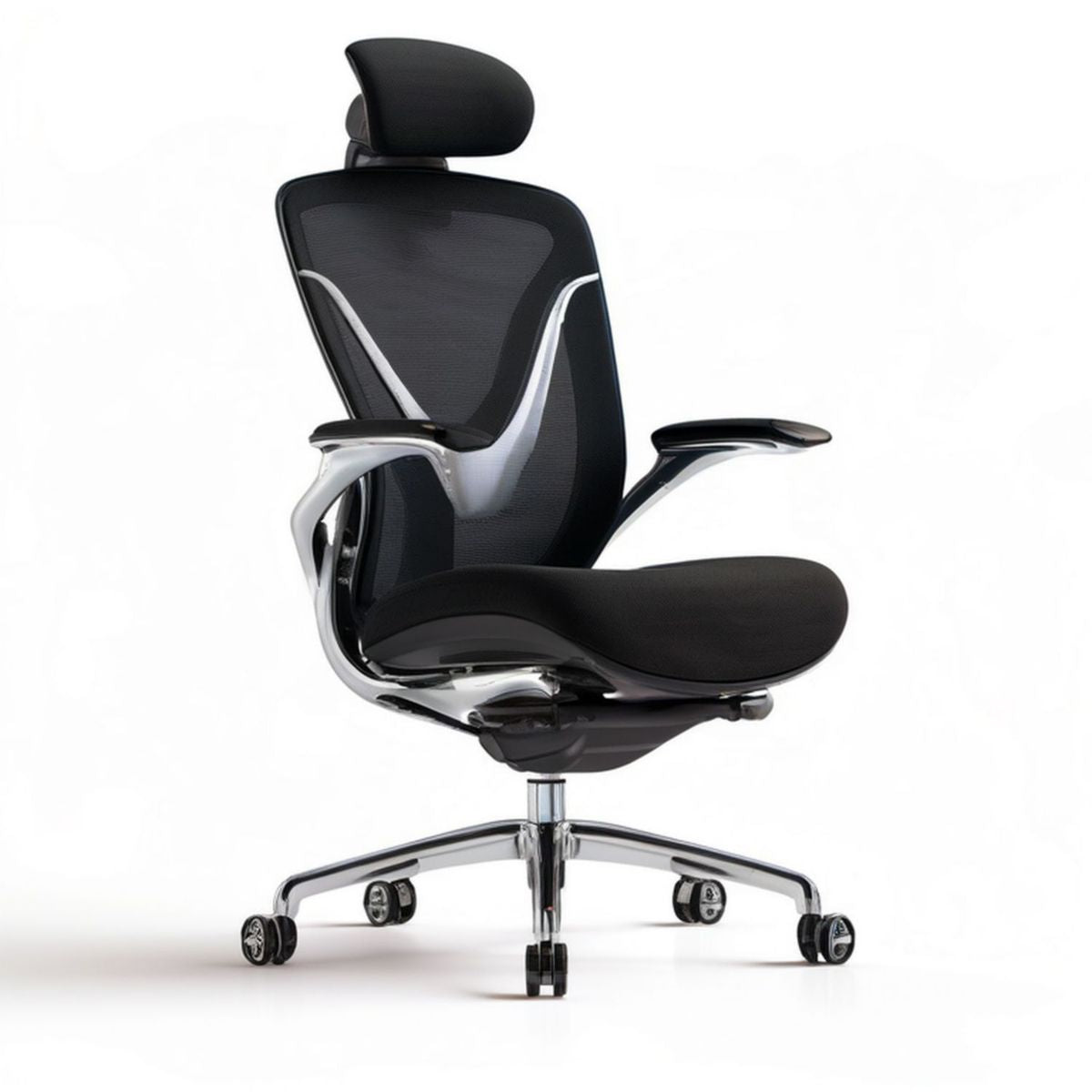 Ergonomischer Bürostuhl mit Kopfstütze, Schwarz/Silber, 65 x 65 x 118–128 cm