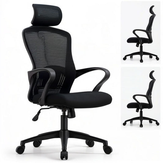 Ergonomischer Drehstuhl mit Kopfstütze, Netzrücken und Wippfunktion, Schwarz, 60 x 60 x 118–128 cm
