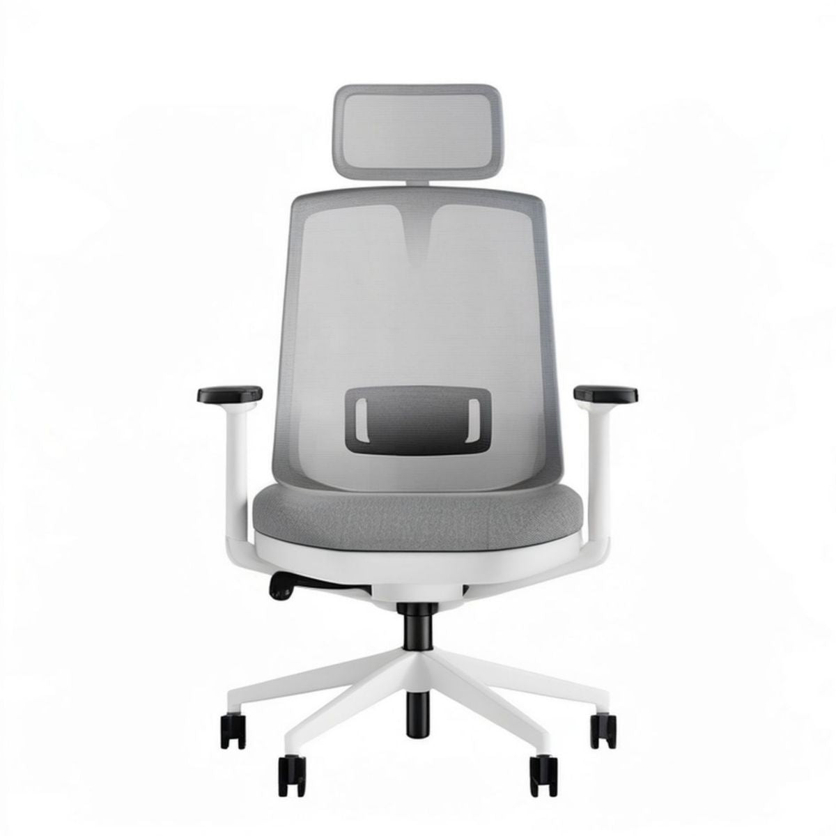 Ergonomischer Bürostuhl mit Kopfstütze, Netzrücken, Grau/Weiss/Schwarz, 65 x 65 x 118–128 cm