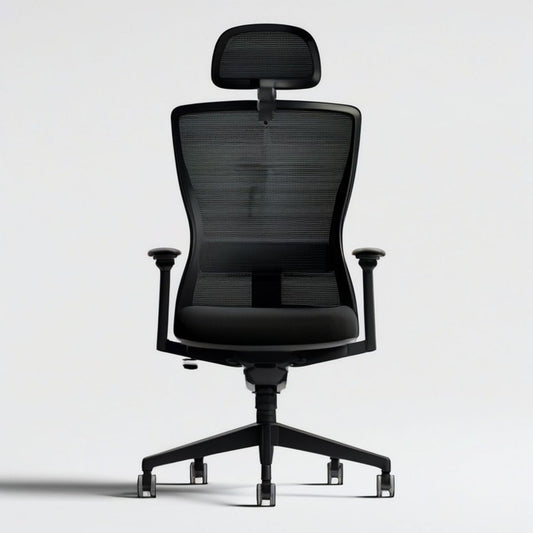 Ergonomischer Drehstuhl mit hoher Netzrückenlehne und Kopfstütze, Schwarz, 65 x 65 x 118–128 cm