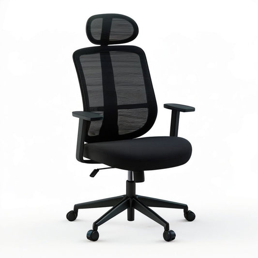 Ergonomischer Bürostuhl mit Kopfstütze und Armlehnen, Schwarz, 64 × 64 × 116–126 cm
